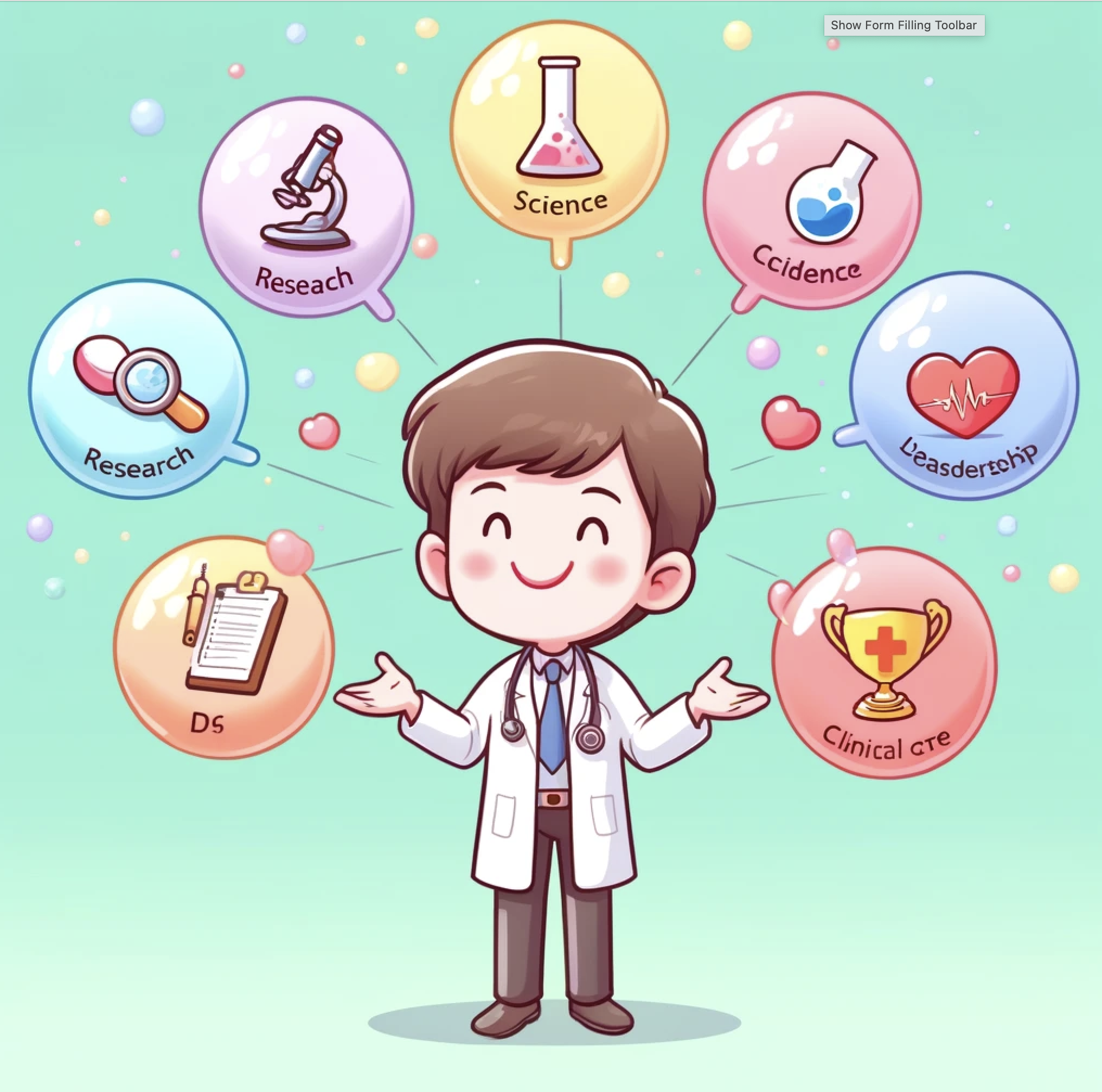 A cartoon of a young, attractive medical school applicant wearing a white coat, levitating five bubbles. Each bubble contains an object representing a different aspect of their medical journey: a microscope for research, a beaker for science, a trophy for leadership, a stethoscope for clinical care, and a heart symbolizing their desire to become a doctor. The scene is colorful and whimsical.
